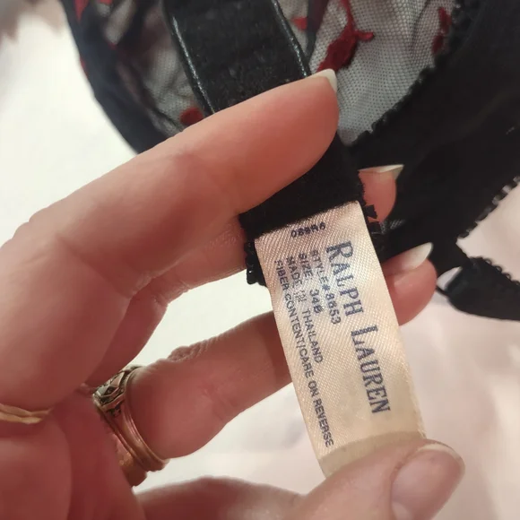 Ralph Lauren Vintage Black Lingerie Unlined Bra Red Embroidered Flowers| 34B - Picture 3 of 5